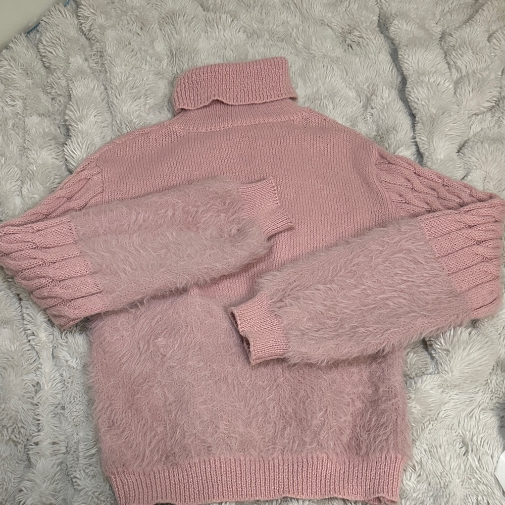 SHEIN Pink Fuzzy Turtleneck Cable Sleeve Sweater